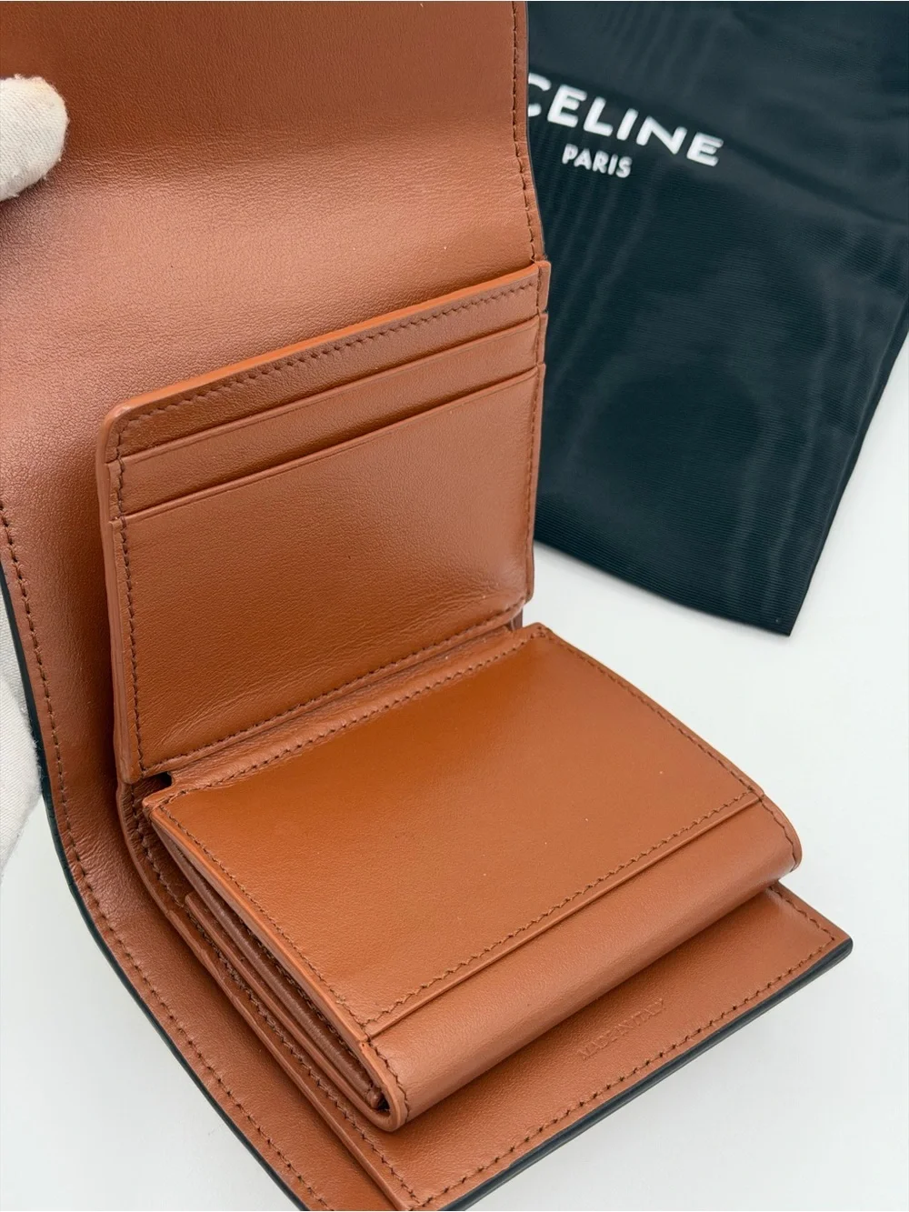 Celine Brown Leather Triomphe Compact Wallet with Gold Hardware